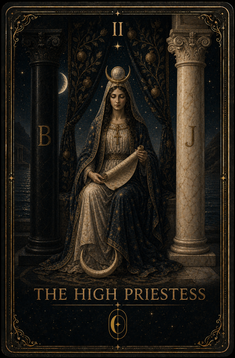 The High Priestess, official Mirror Arcana Major Arcana artwork. Upright orientation.