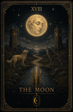 The Moon, official Mirror Arcana Major Arcana artwork. Upright orientation.